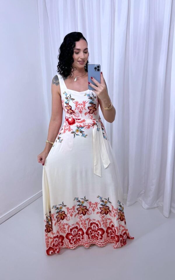 Vestido Branco Floral Vermelho