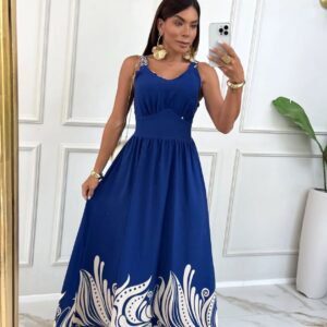 Vestido Longo Azul Marinho Estampado