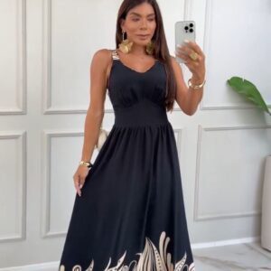 Vestido Longo Preto com Estampa