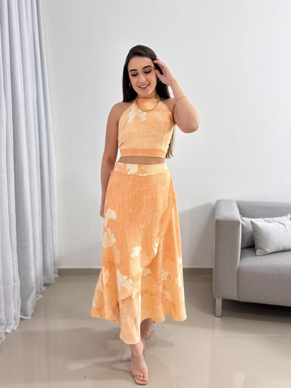 Conjunto Saia Midi Laranja Floral 5 Conjunto Saia Midi Laranja Floral - Imagem 5