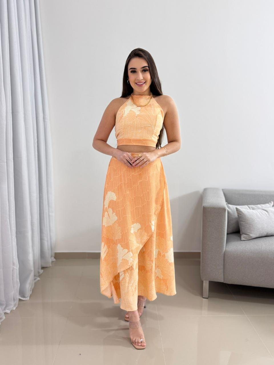 Conjunto Saia Midi Laranja Floral 6 Conjunto Saia Midi Laranja Floral - Imagem 6