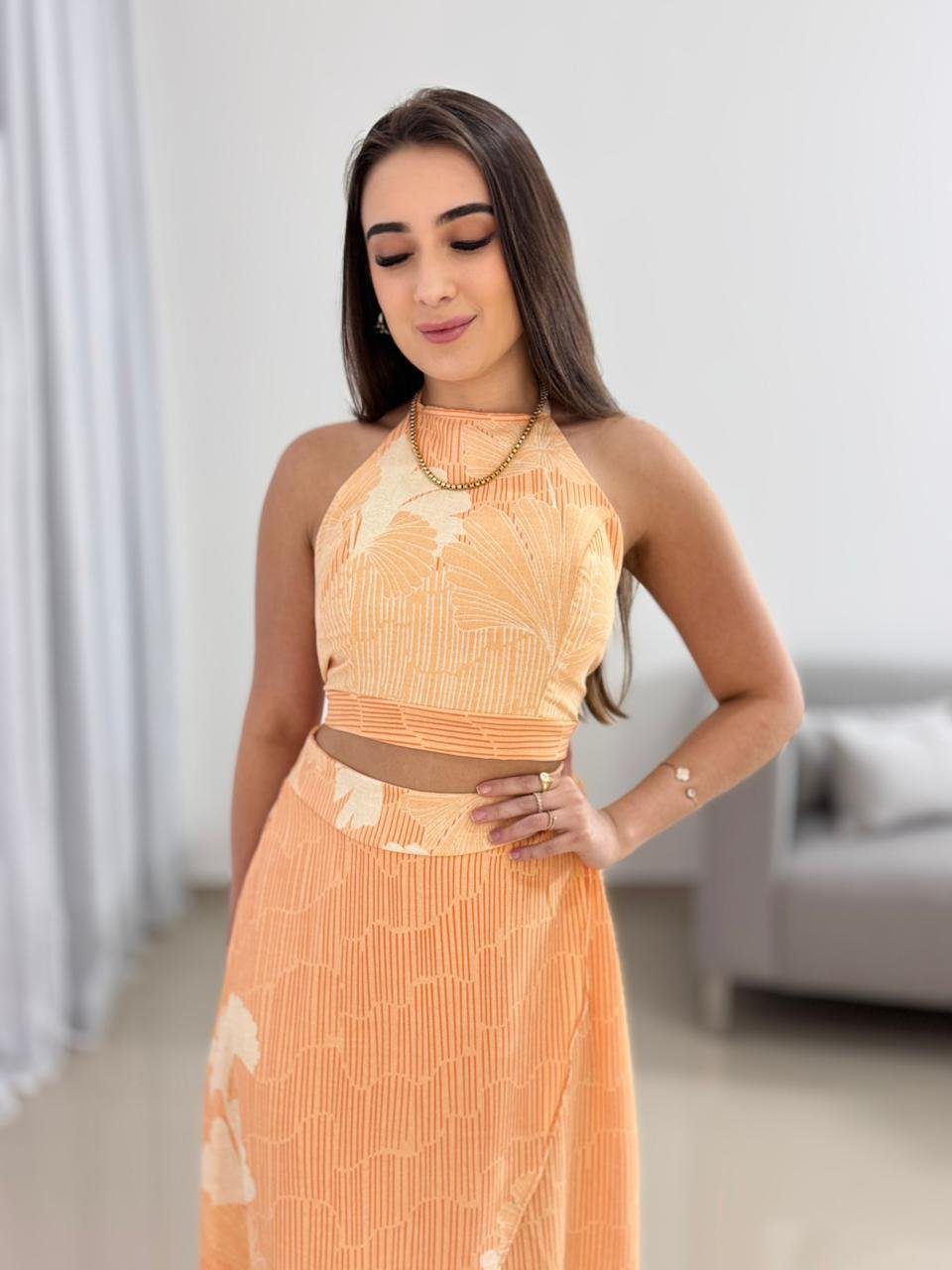 Conjunto Saia Midi Laranja Floral 7 Conjunto Saia Midi Laranja Floral - Imagem 7