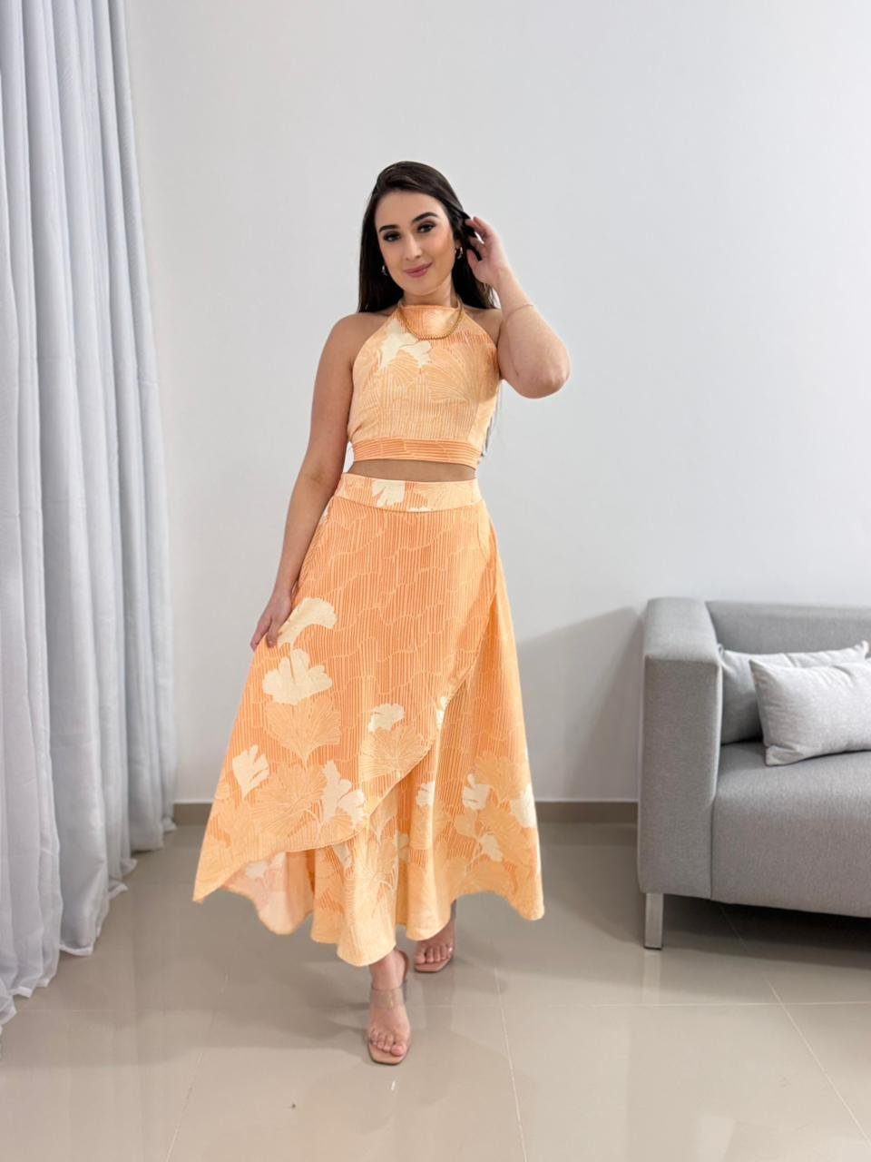 Conjunto Saia Midi Laranja Floral 1 Conjunto Saia Midi Laranja Floral