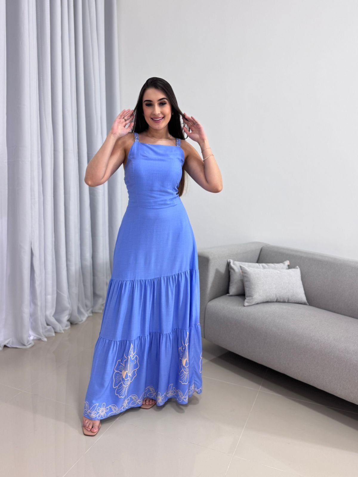 Vestido Longo Azul Estampado 1 Vestido Longo Azul Estampado