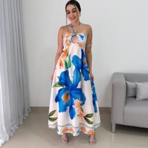 Vestido Longo Tropical Floral Azul e Laranja com Amarração Multifuncional
