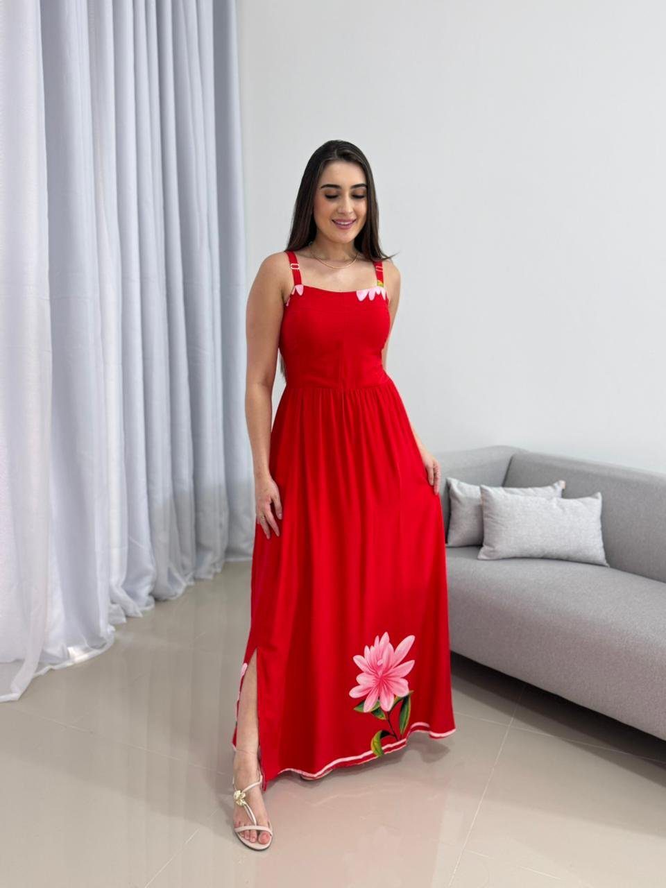 Vestido Longo Vermelho Viscolinho 6 Vestido Longo Vermelho Viscolinho - Imagem 6