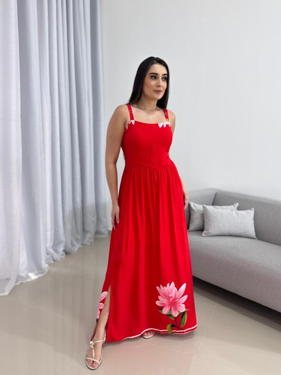 Vestido Longo Vermelho Viscolinho 5 Vestido Longo Vermelho Viscolinho - Imagem 5