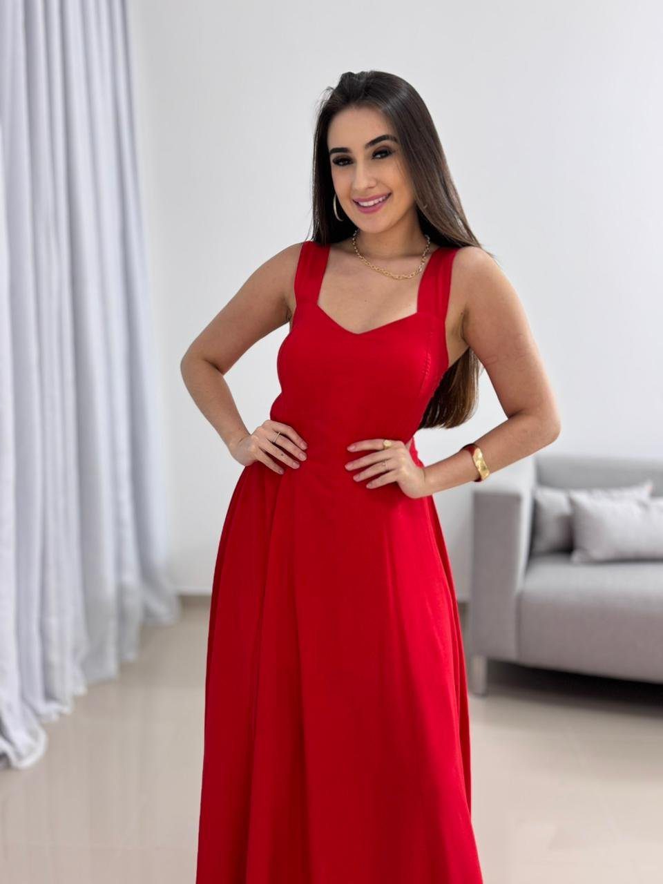 Vestido Longo Vermelho Viscolinho 3 Vestido Longo Vermelho Viscolinho - Imagem 3