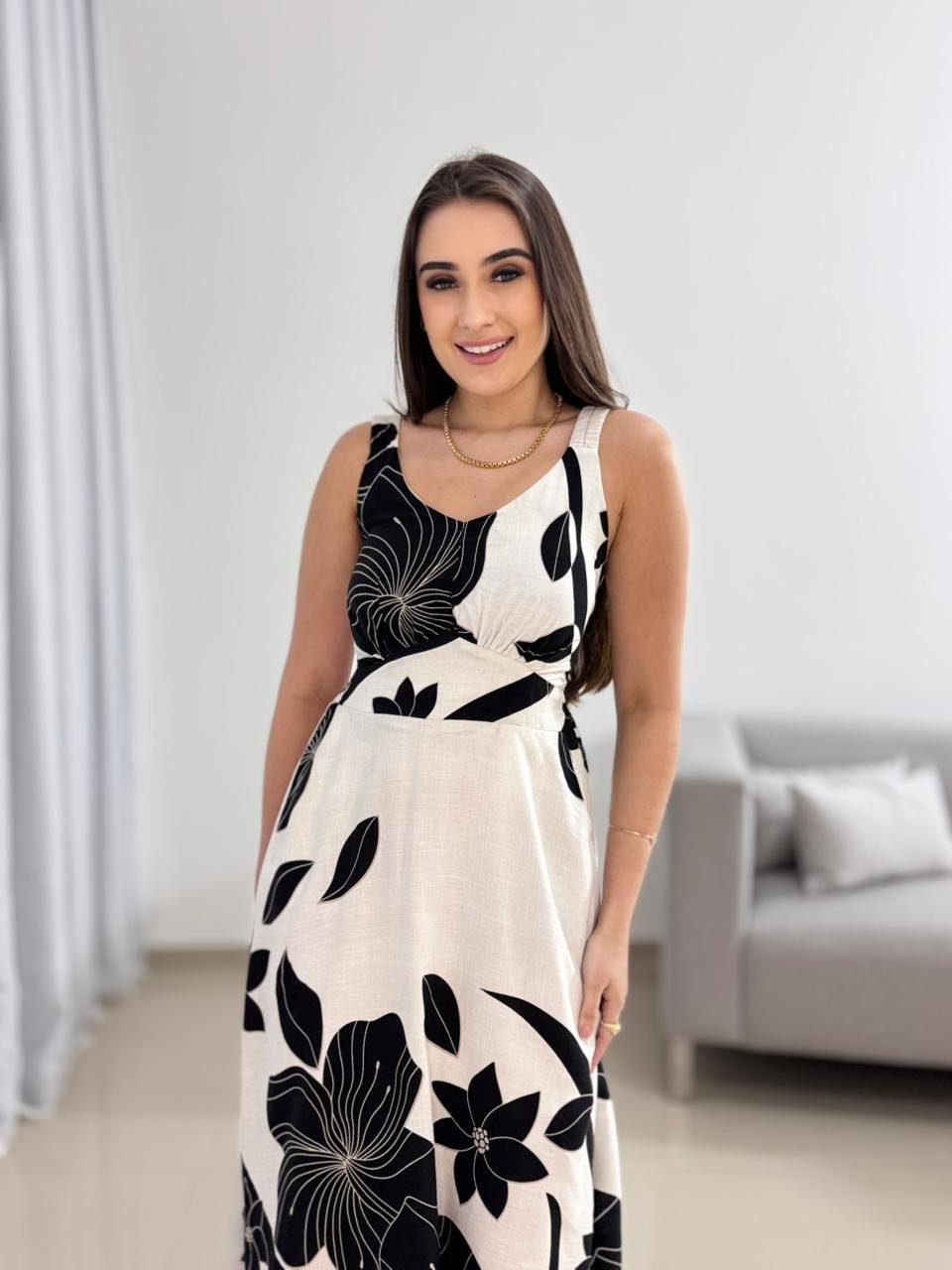 Vestido Midi Off-White com Estampa Floral Preta 9 Vestido Midi Off-White com Estampa Floral Preta - Imagem 9