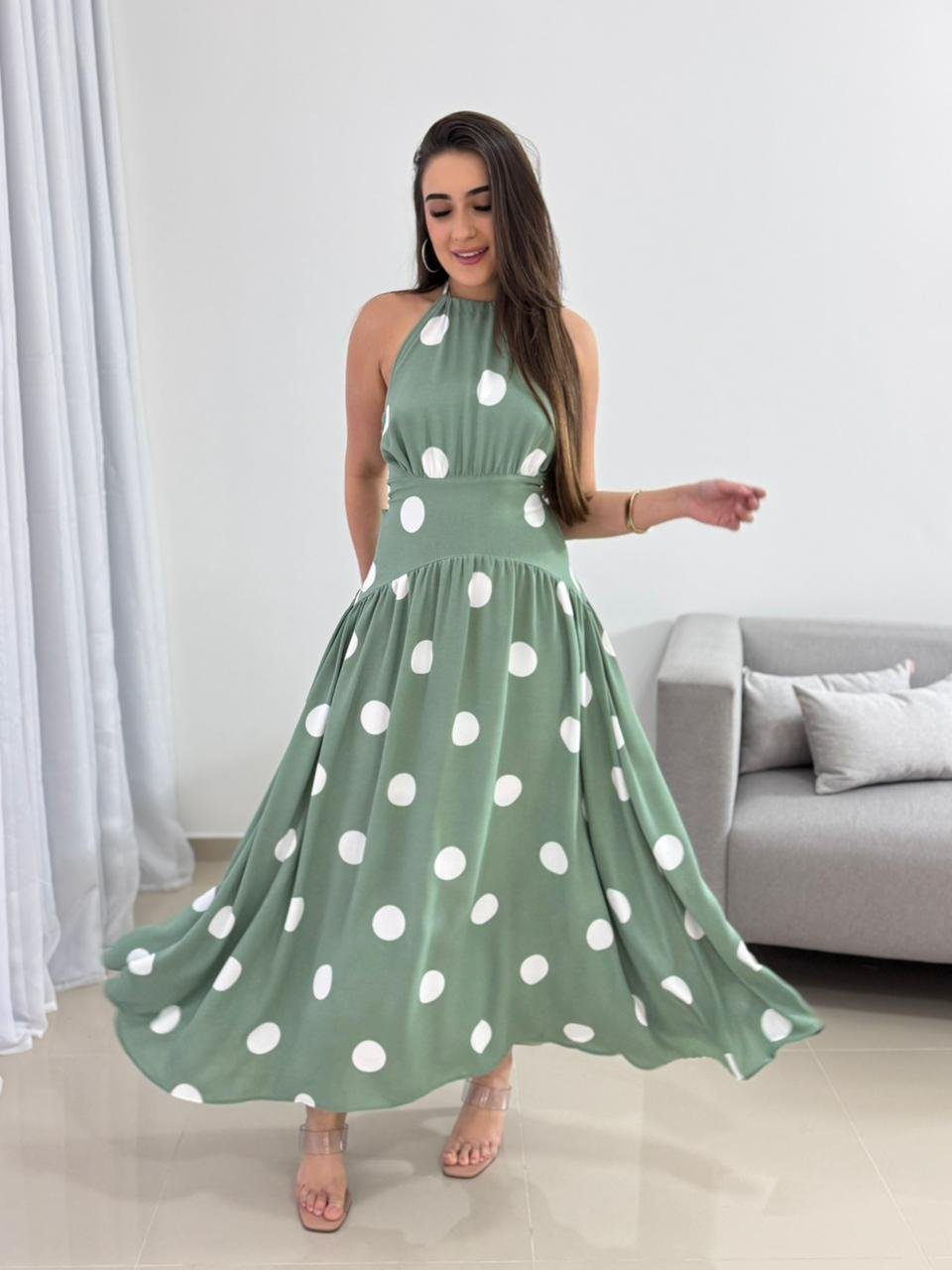 Vestido Midi Poá Verde 1 Vestido Midi Poá Verde