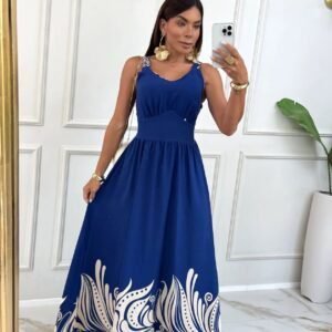 Vestido Longo Azul Marinho Estampado