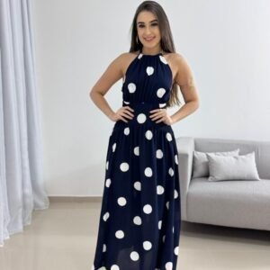 Vestido Midi Poá Azul Marinho