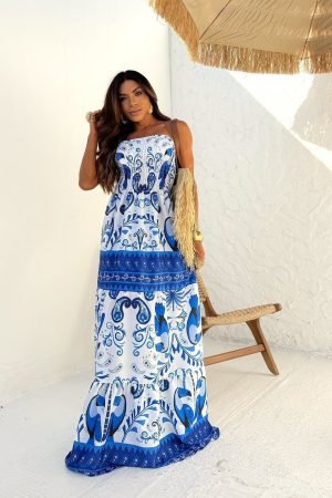 Vestido Longo Azul Estampado