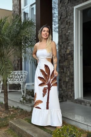 Vestido Longo Off Folhagem