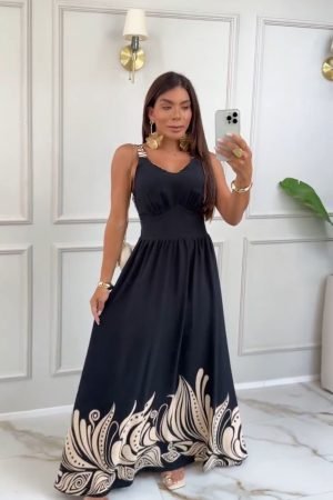 Vestido Longo Preto com Estampa
