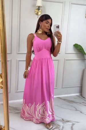 Vestido Longo Rosa em Viscolinho