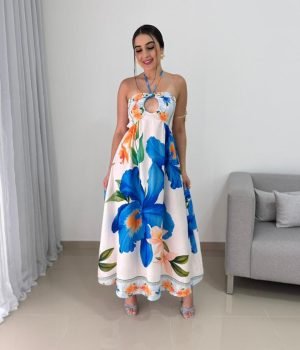 Vestido Longo Tropical Floral Azul e Laranja com Amarração Multifuncional